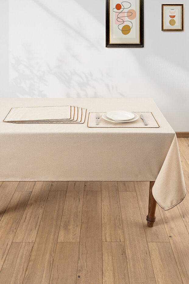 Tütün Renk Vera Tablecloth + 6-Piece American Service Set - Crochet Edged Tablecloth 150X220 cm