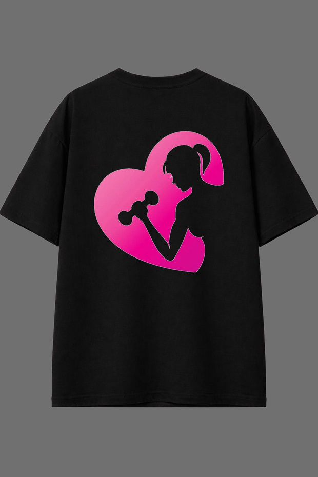 Women's Design with Heart and Back Print Black Oversize T-Shirt