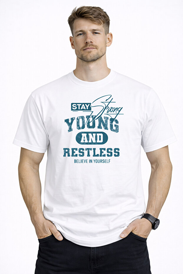 Stay Young Detailed Basic Men's T-Shirt