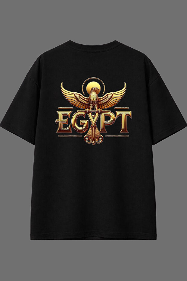تي شيرت أسود كبير الحجم بتصميم طائر مصري مطبوع من الخلف