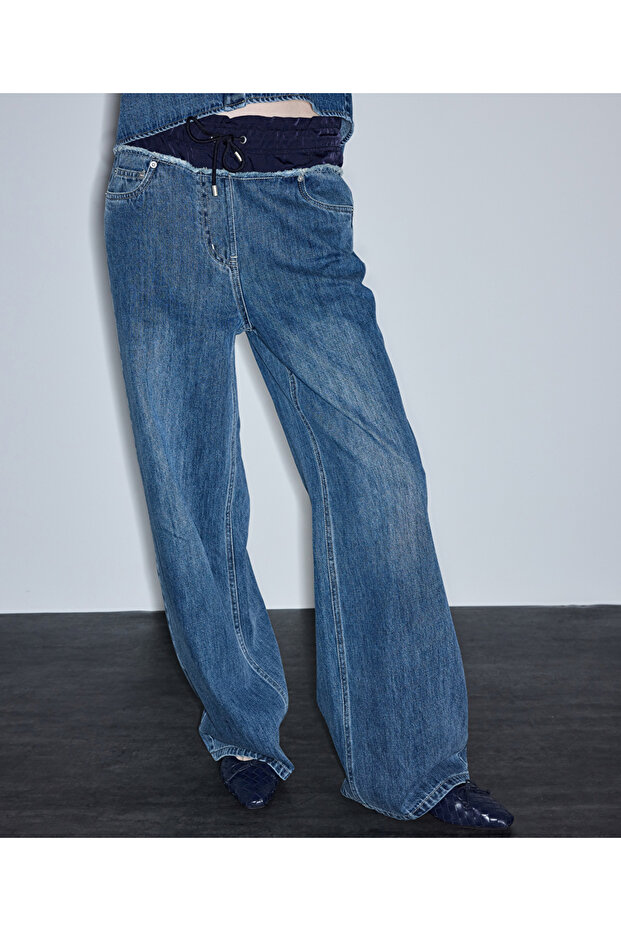 Kontrast elastik bel jean pantolon - 1