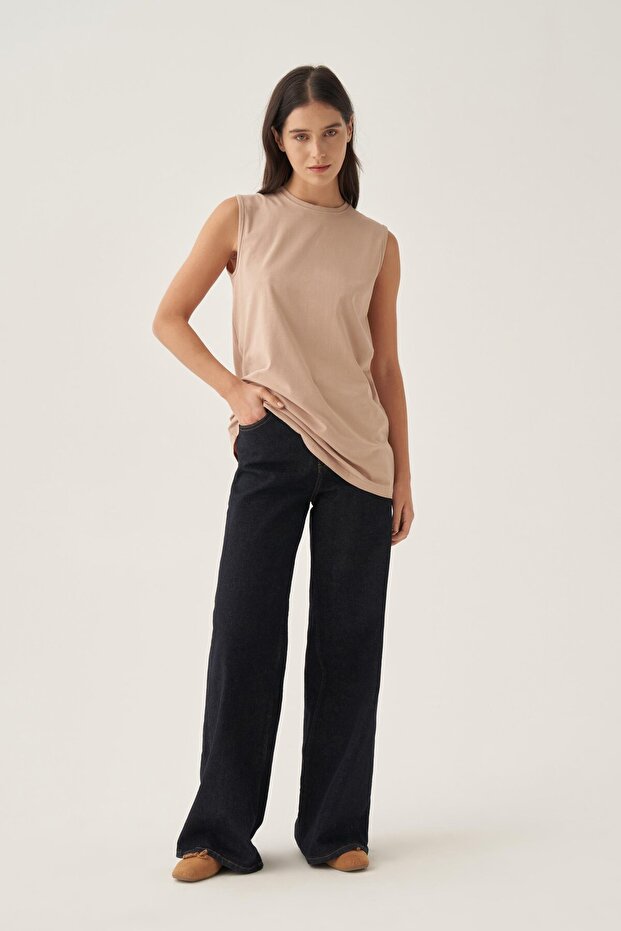 Beige-Crew Neck Sleeveless Cotton T-Shirt