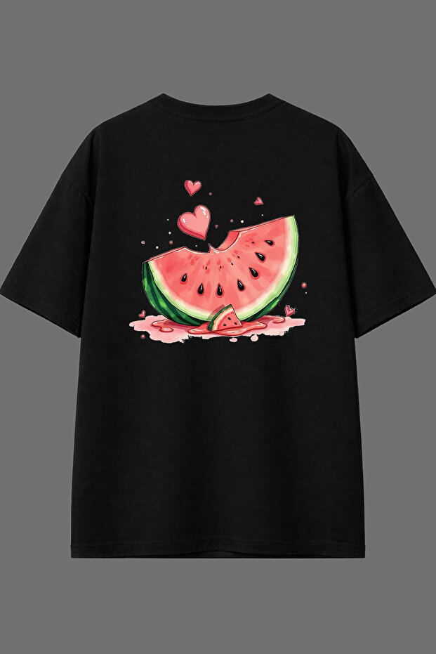 Watermelon Slice Design Back Printed Black Oversize T-Shirt