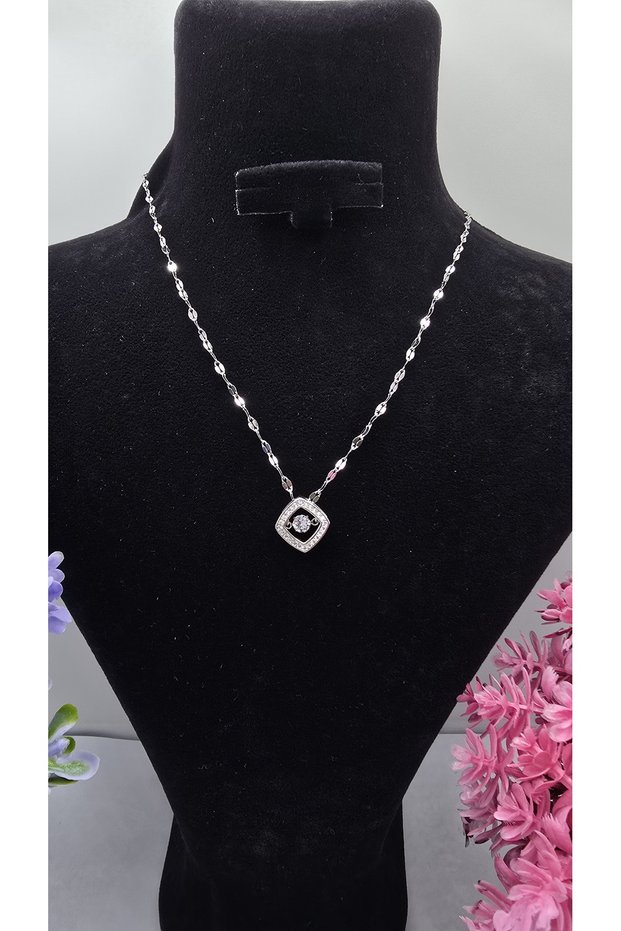 Elegant Square Frame Zircon Stone Silver Color Necklace Non-Tarnish-45Cm