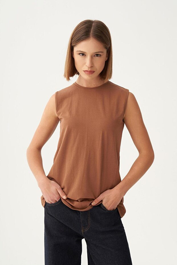 Light Brown-Crew Neck Sleeveless Cotton T-Shirt