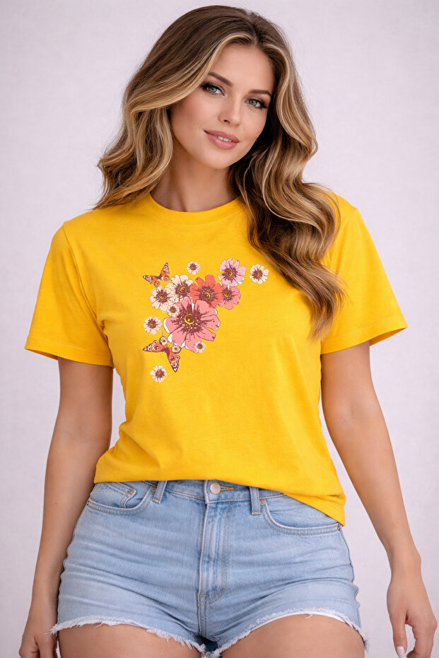 Basic T-Shirt with Pink Flowers Print Detail