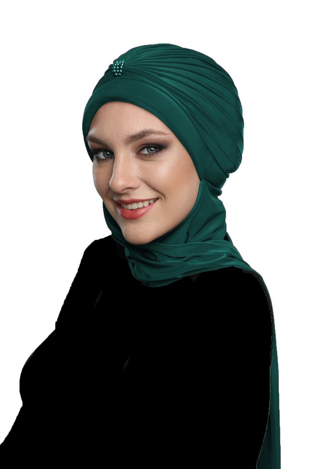 Handcrafted Pearl Embroidered Green Ready-To-Wear Turban Hijab with Pearls and Scarf, Suitable for Medical Use