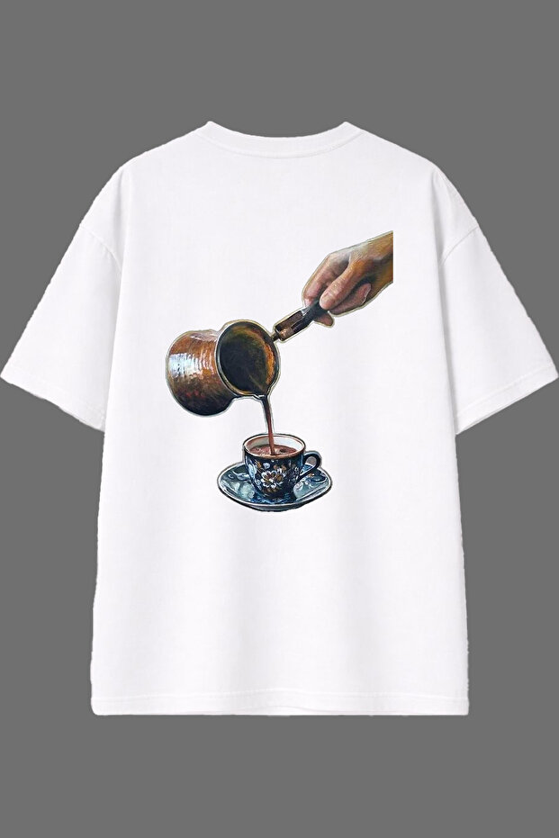 Cezve Turkish Coffee Design White Oversize T-Shirt with Back Print