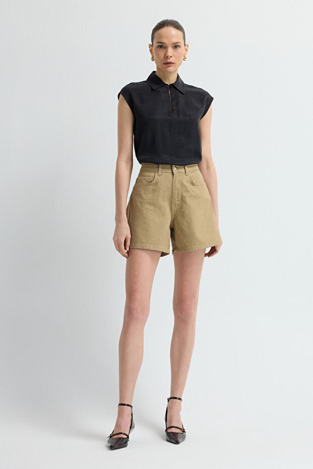 Yüksek Bel Beş Cep Şort - 1