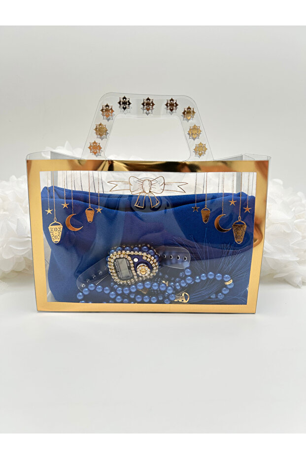 1 Ramadan-Themed Bag Contains a Fringed Cover, Prayer Beads, and a Stone Zikirmatik Set.