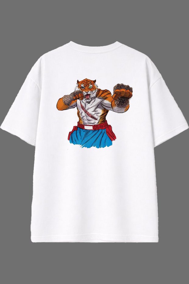 Angry Tiger Design Back Printed White Oversize t Shirt