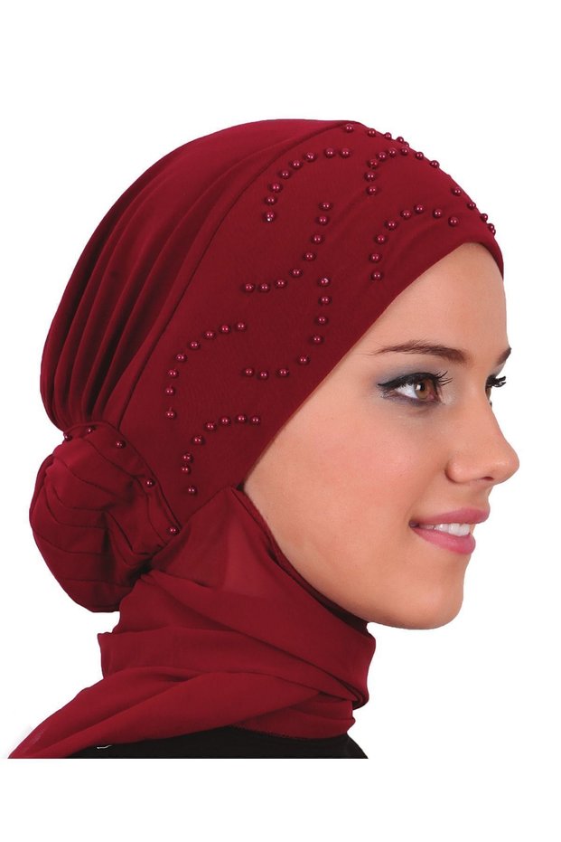 Ready-To-Wear Turban Hijab with Bun and Scarf in Burgundy, Suitable for Medical Use