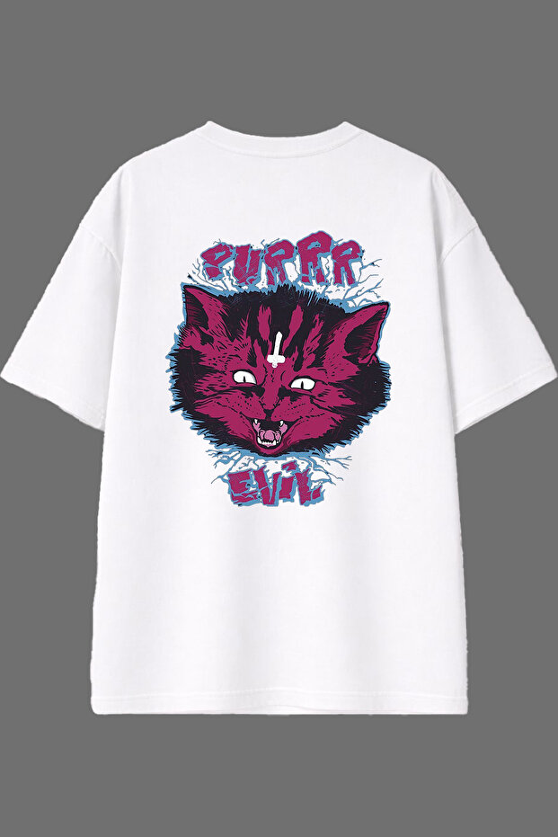 Evil Cat Design Back Printed White Oversize T-Shirt