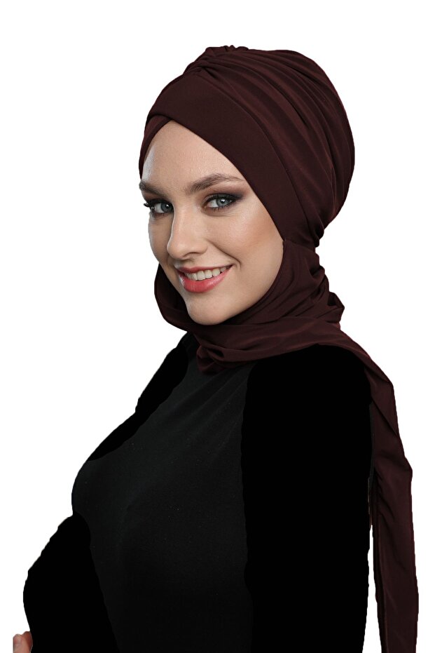 Kardelen Scarf-Lined Brown Ready-Made Turban Hijab for Pool and Outdoor Use