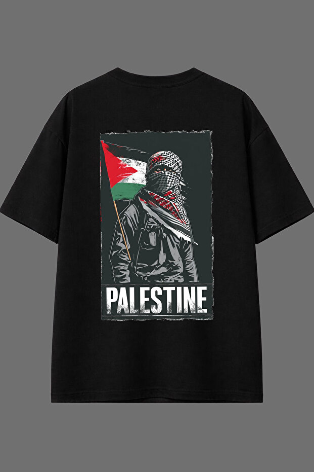 تي شيرت أسود كبير الحجم بتصميم فلسطيني مطبوع من الخلف