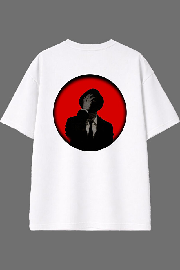 Man in Hat Design White Oversize T-Shirt with Back Print