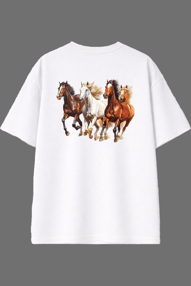 Running Horses Design Back Printed White Oversize t Shirt