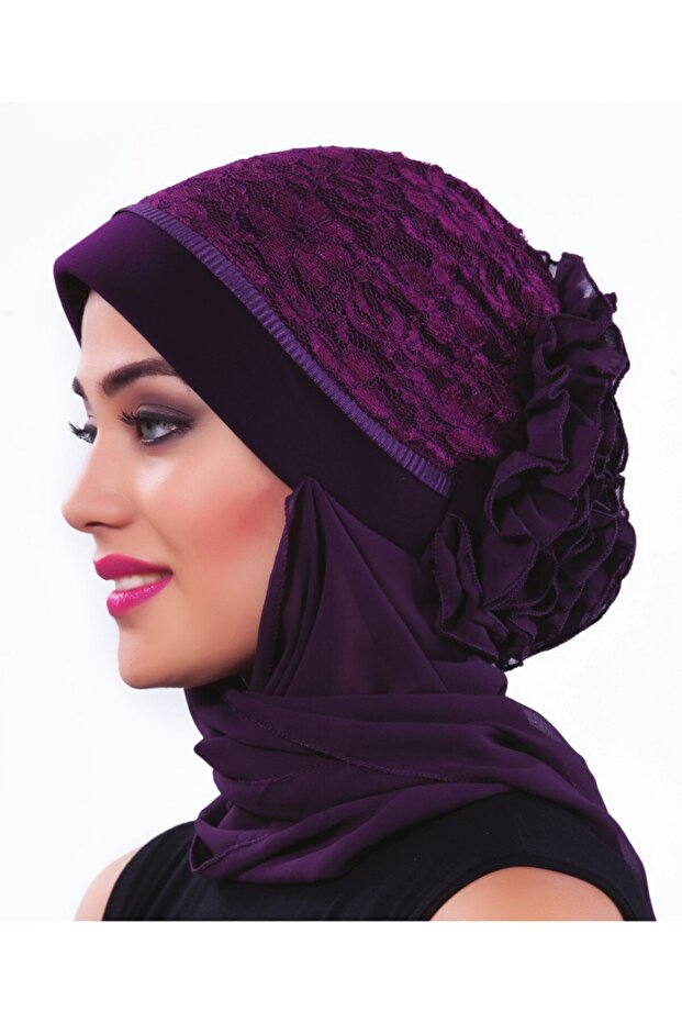 Corded Scarf, Ruffles on the Back, Pleat on the Front, Purple Ready-made Hijab Hijab Bonnet