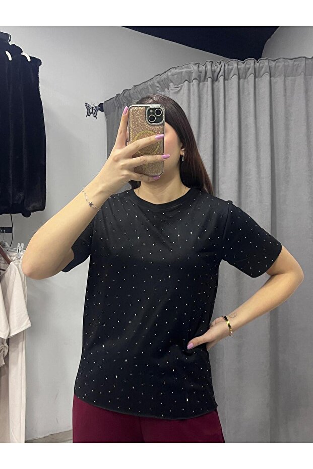 Taş Detaylı Siyah Basic T-shirt - 1