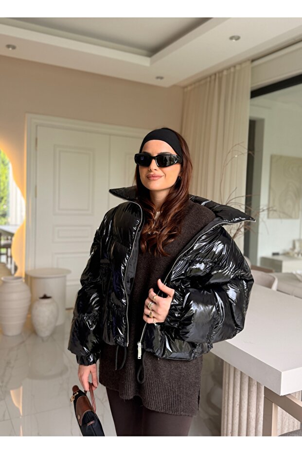Siyah Parlak Şişme Mont - 3