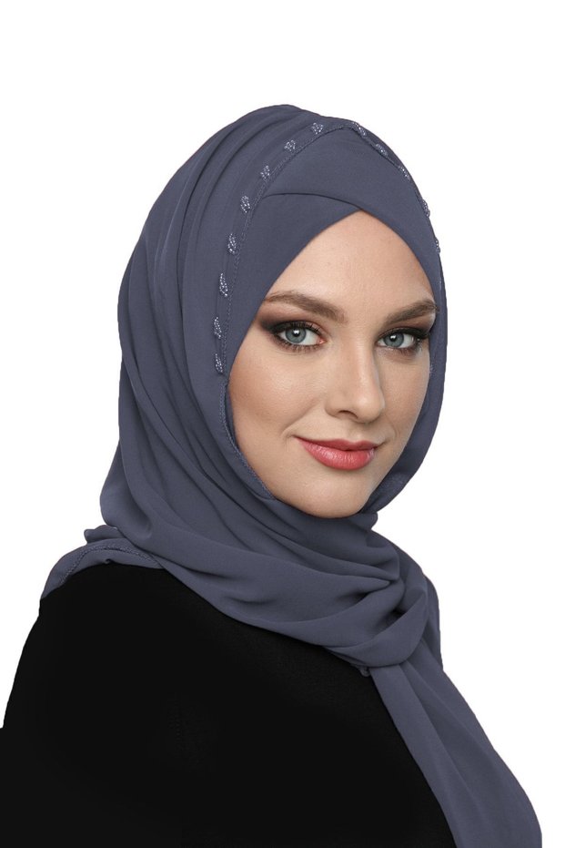 Ready-To-Wear Dark Gray Turban with Shawl and Takmatik Stones, Suitable for Medical Use, Prayer Cover.