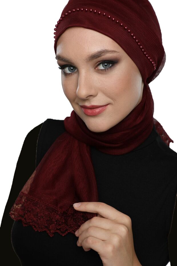 Pearled Tulle Tied Tulle Coated Lace Pearl Embroidered Burgundy Outer Bonnet Hijab Evening Dress