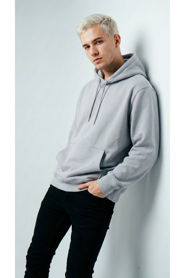 Unisex Comfortable Cut Cotton Soft Textured Basic Patterned Hooded Sweatshirt with Fleece Inside