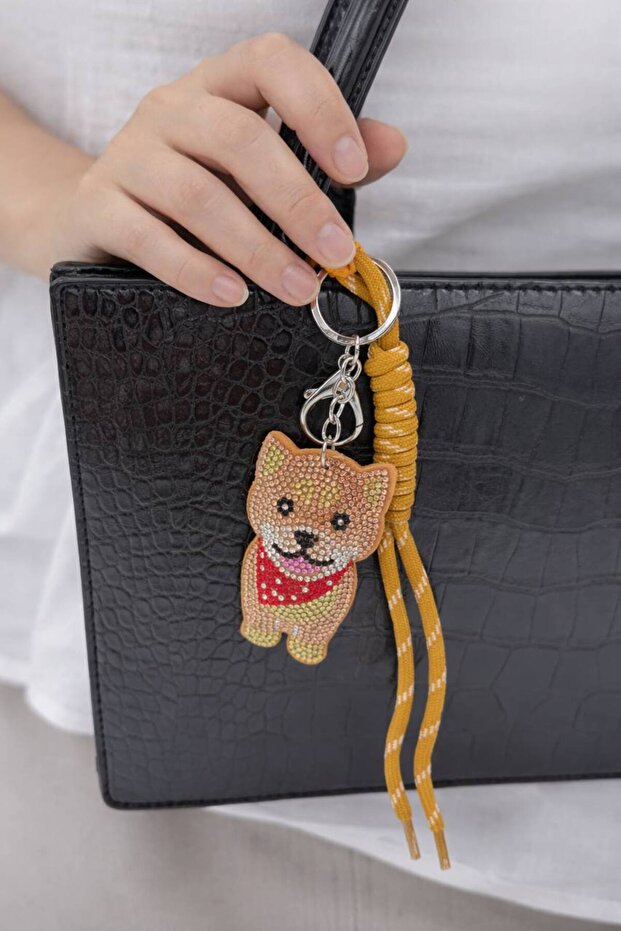 Drawstring Bag & Keychain Charm with Stone Dog Figure