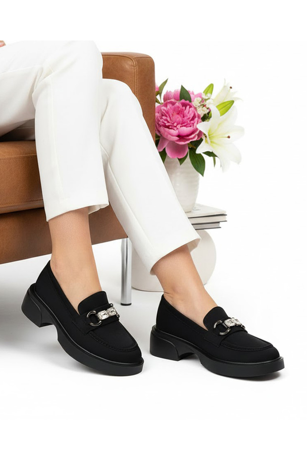 Women's Black Suede Stone Buckle Loafer Shoes