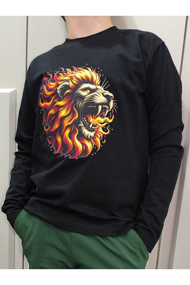 Pidal Giyim Alevli Aslan Temalı Pamuklu Uzun Kollu Erkek Çocuk Sweatshirt