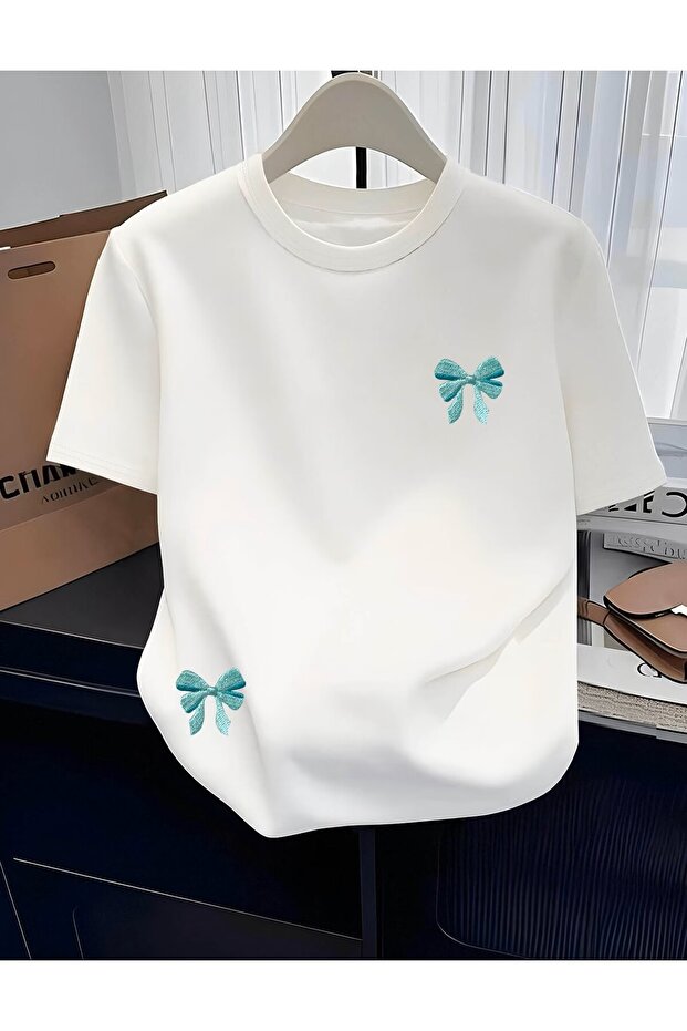 Decorated Bow Printed Short Sleeve T-Shirt