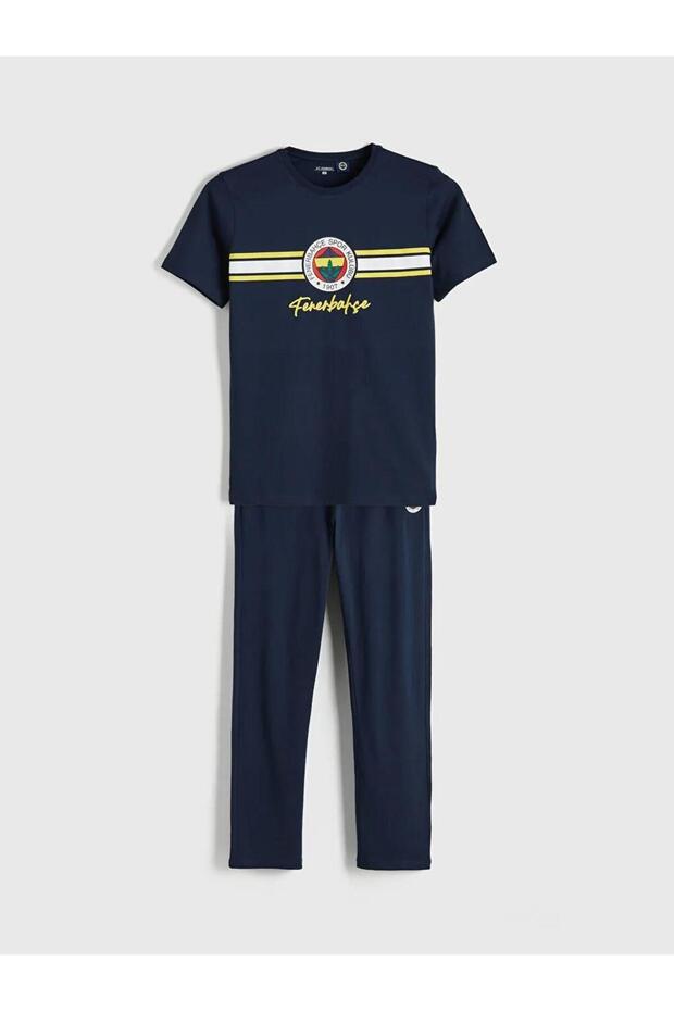 Navy Blue Fenerbahçe Printed Combed Cotton Men's Pajama Set (S6)