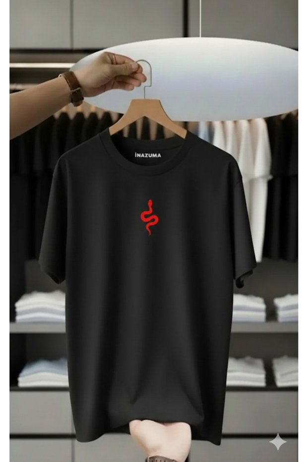 Unisex Oversize Printed Cotton Crew Neck Short Sleeve Black T-Shirt Red Snake