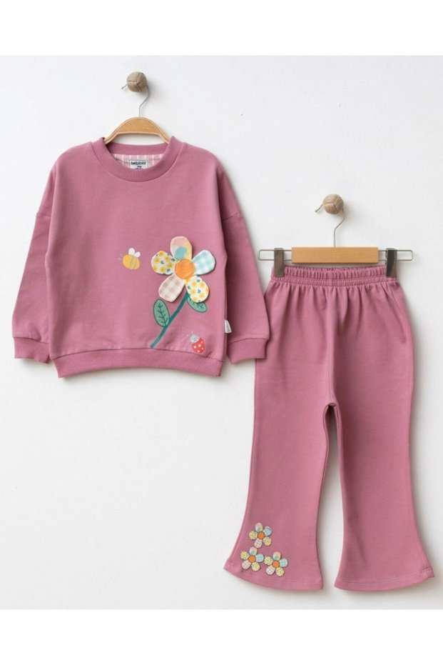 Girl's 2-Season Stylish Top and Bottom Set with Mobile Floral Embroidery Detail and Spanish Flared Pants