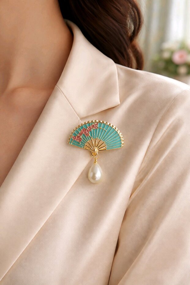 İncili Mavi Yelpaze Broş - 2