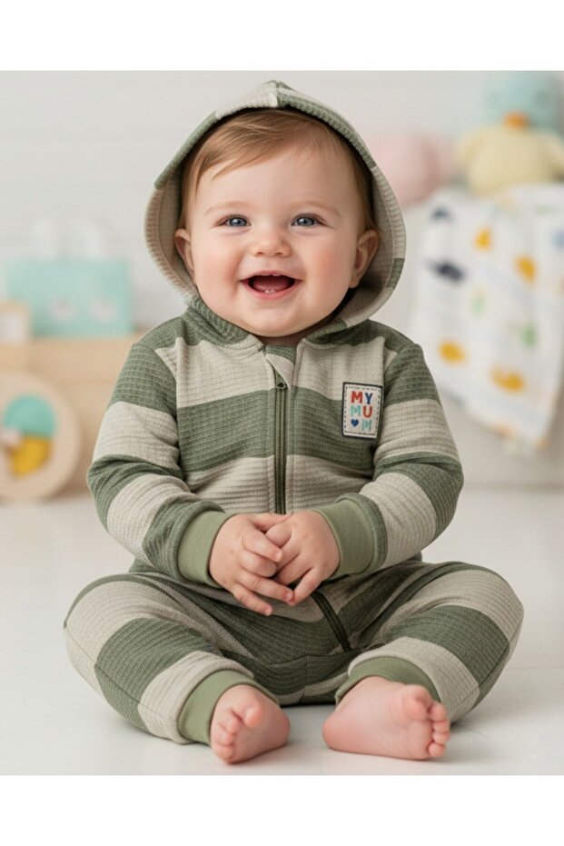 Baby Boy Striped Hooded Zippered 6-9-12-18 Months Baby Romper, Waffle Baby Romper