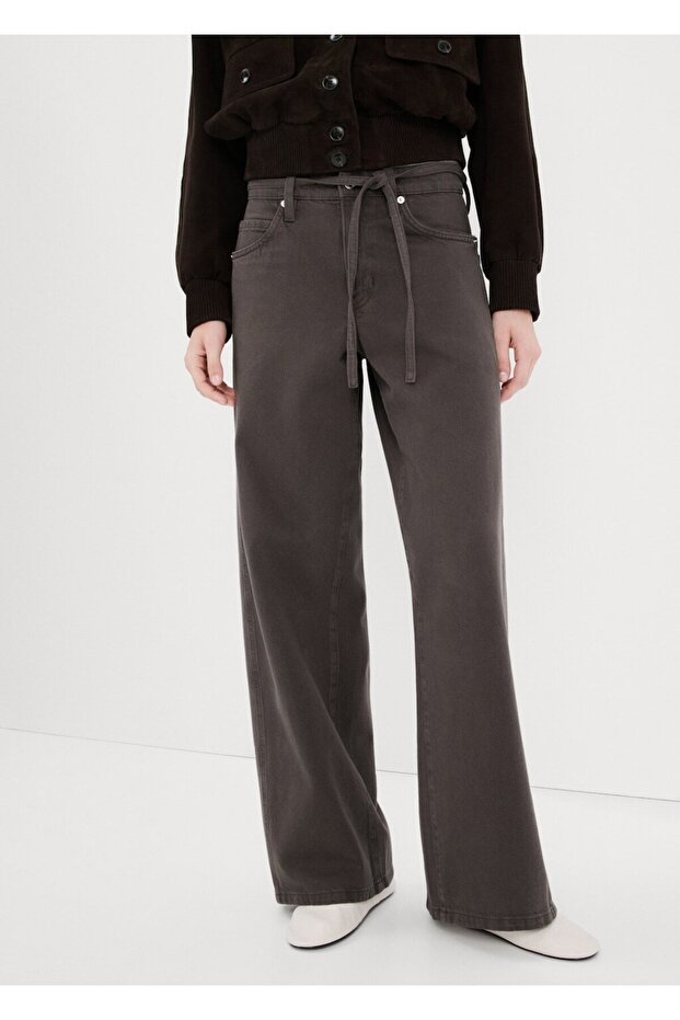 Kordonlu geniş paça jean pantolon - 1