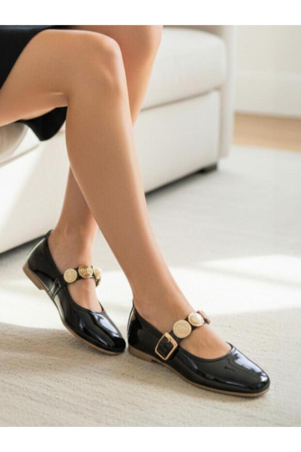 Women's Mary Jane Black Shiny Patent Leather Ballerinas with Stylish Tuğra Buckle Orthopedic Sole Daily Home Office Shoes