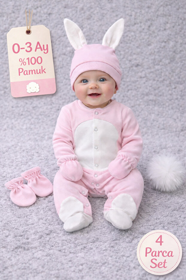 La Luna Kız Bebek 4 Parça Pembe Tavşan Tulum 0-3 Ay %100 Pamuk