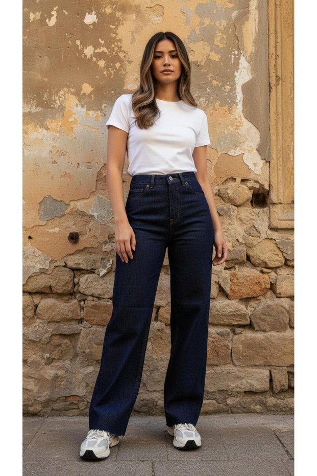 Sumeye Dark Blue Dark Navy Wide Leg Raw Hem Non-Lycra Palazzo Loose Jeans Pants