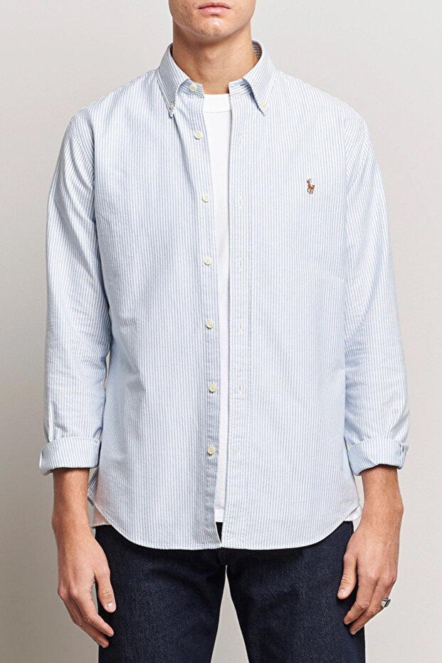 Mens Blue Striped Classic Fit Oxford Shirt