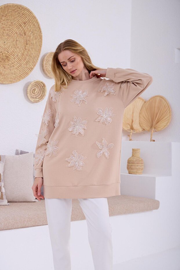 Sequined Flower Embroidered Modal Tunic - 5