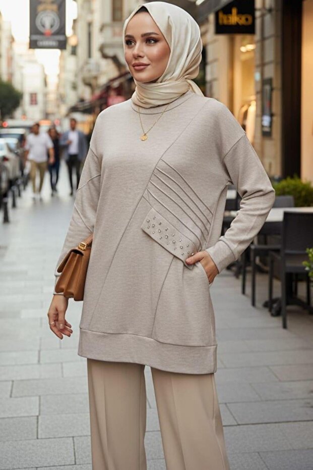 NERVÜR DETAYLI CEBİ TAŞLI TUNİK - 1