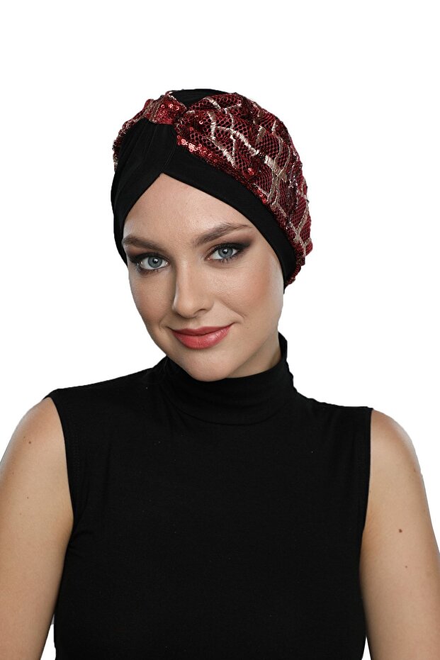 Special Design Black Beige-burgundy Sequined Mesh Ethnic Patterned Lined Ready-made Hijab Hijab Evening Dress Bonnet