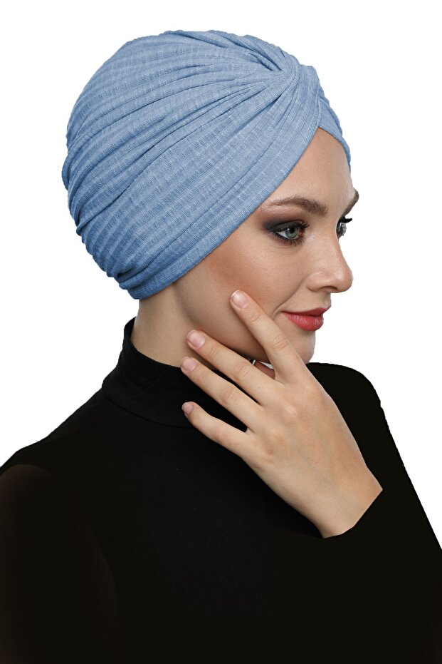 Crossed Combed Cotton Lined Blue Ready-To-Wear Turban Hijab Pool Cap Suitable for Medical Use