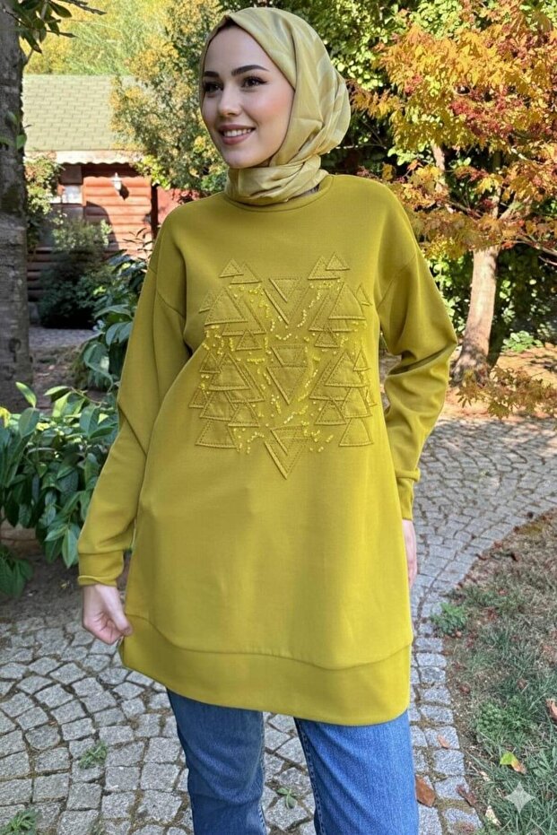 NAKIŞLI TAŞLANMIŞ TENCEL ÖRME TUNİK - 1