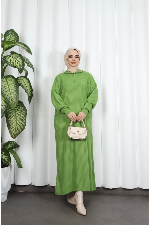 Corded Fabric Zippered Knitwear Dress