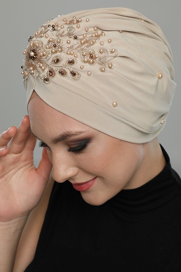 Detachable Lining Embroidered Beige Threaded Motif Ready-made Hijab Hijab Evening Dress Bonnet