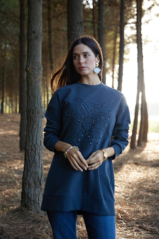 NAKIŞLI TAŞLANMIŞ TENCEL ÖRME TUNİK - 4