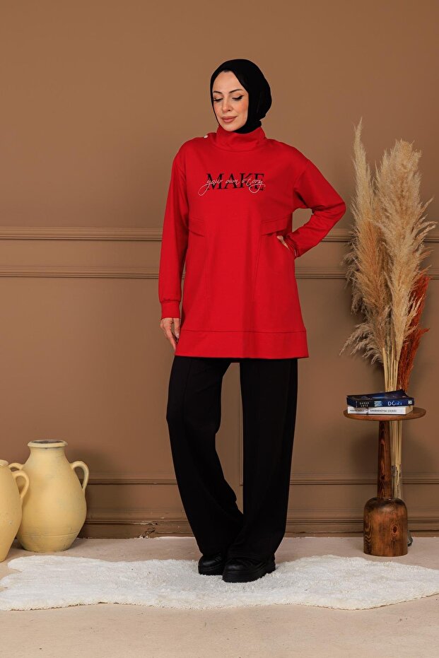 DİK YAKA CEPLİ YAZILI SWEAT - 5